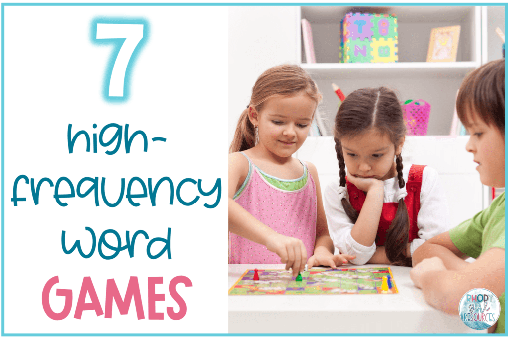 Three children playing high-frequency word games for kindergarten at a table. 