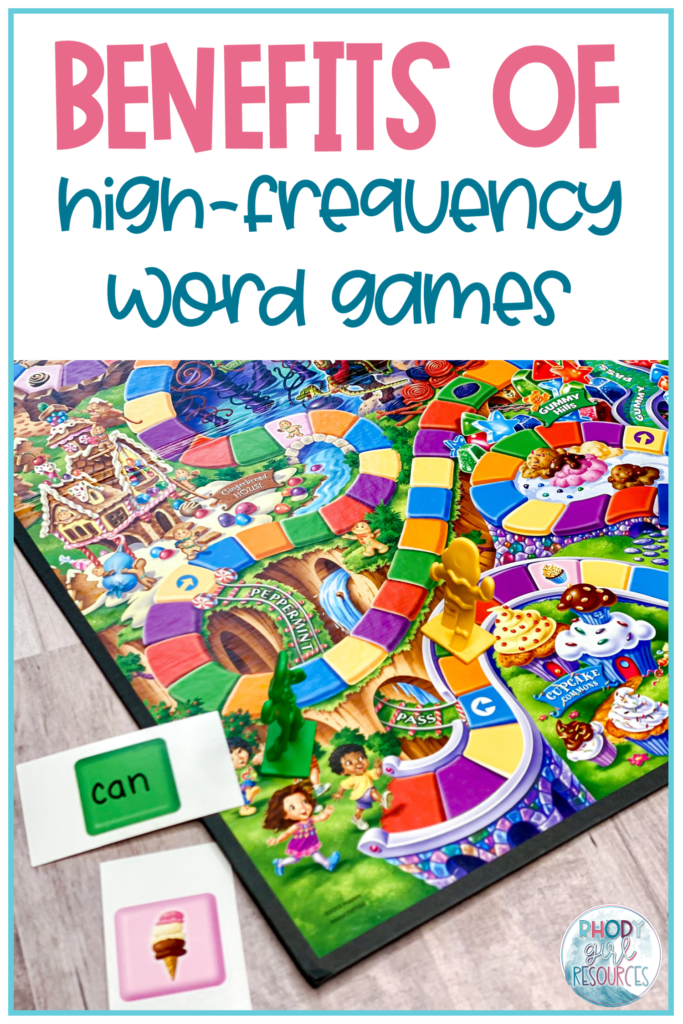 sight word practice game using Candy Land and high-frequency words written on the cards