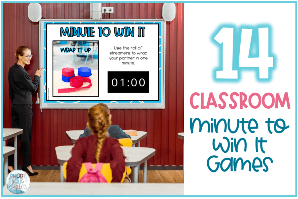 teacher standing at interactive whiteboard explaining classroom minute to win it games to onlooking students
