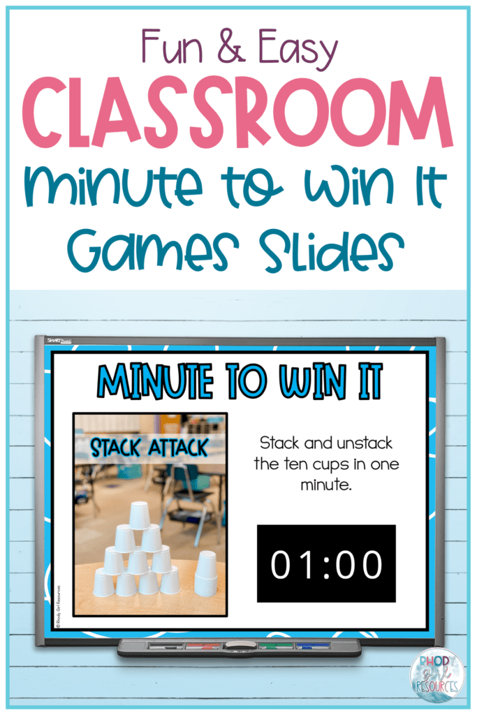interactive whiteboard showing a minute to win it classroom challenge called Stack Attack