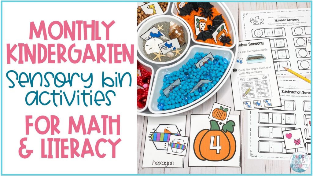 Monthly math and literacy sensory bins for kindergarten.