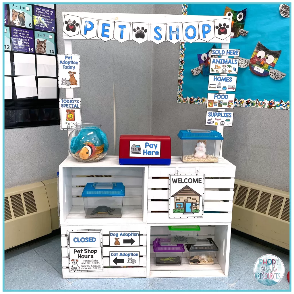 Pet store dramatic play in kindergarten setup.