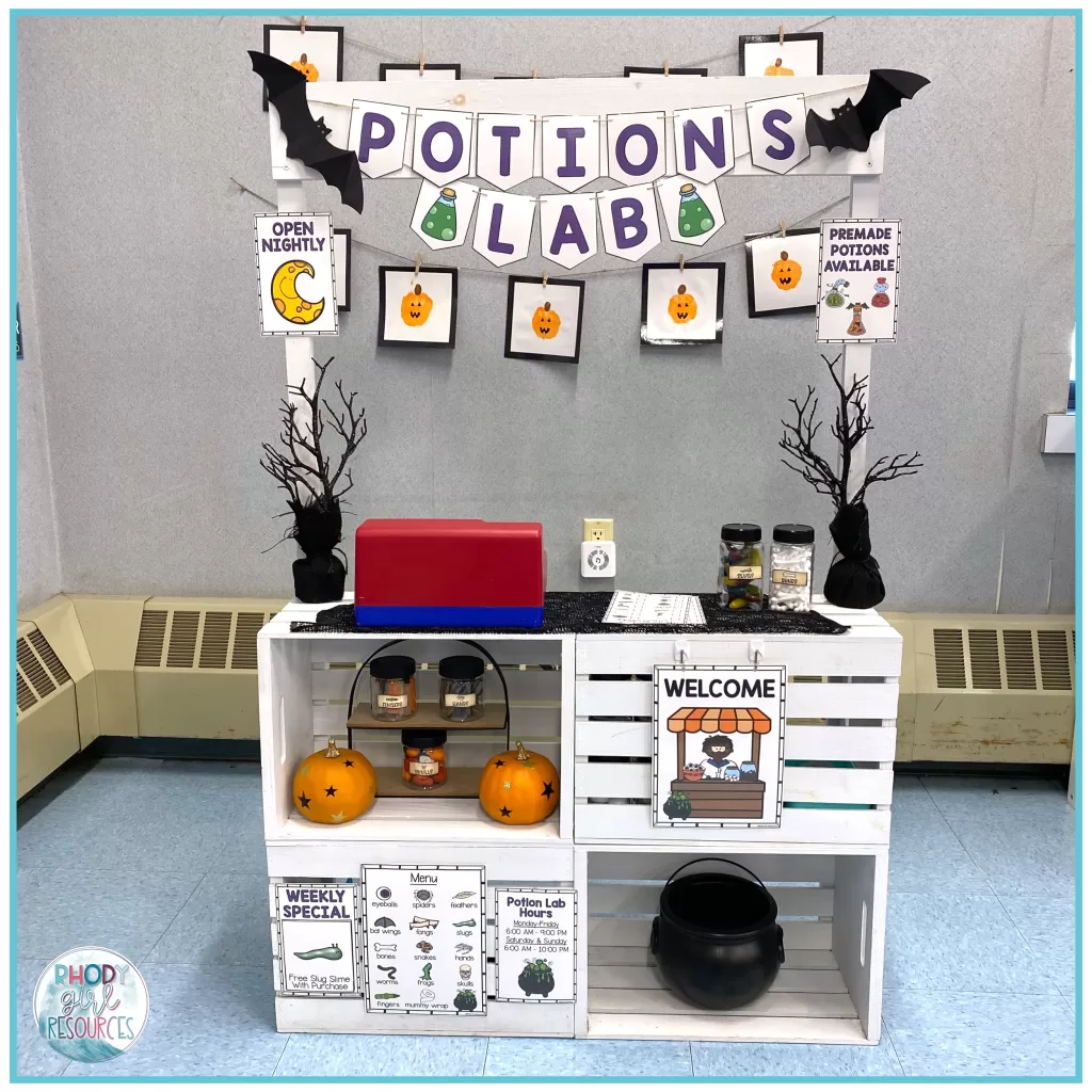 Potions Lab dramatic play in kindergarten setup.