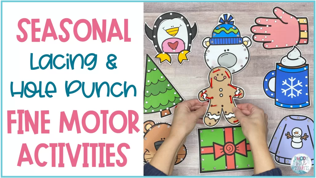 Seasonal lacing and punch cards to build fine motor skills. 