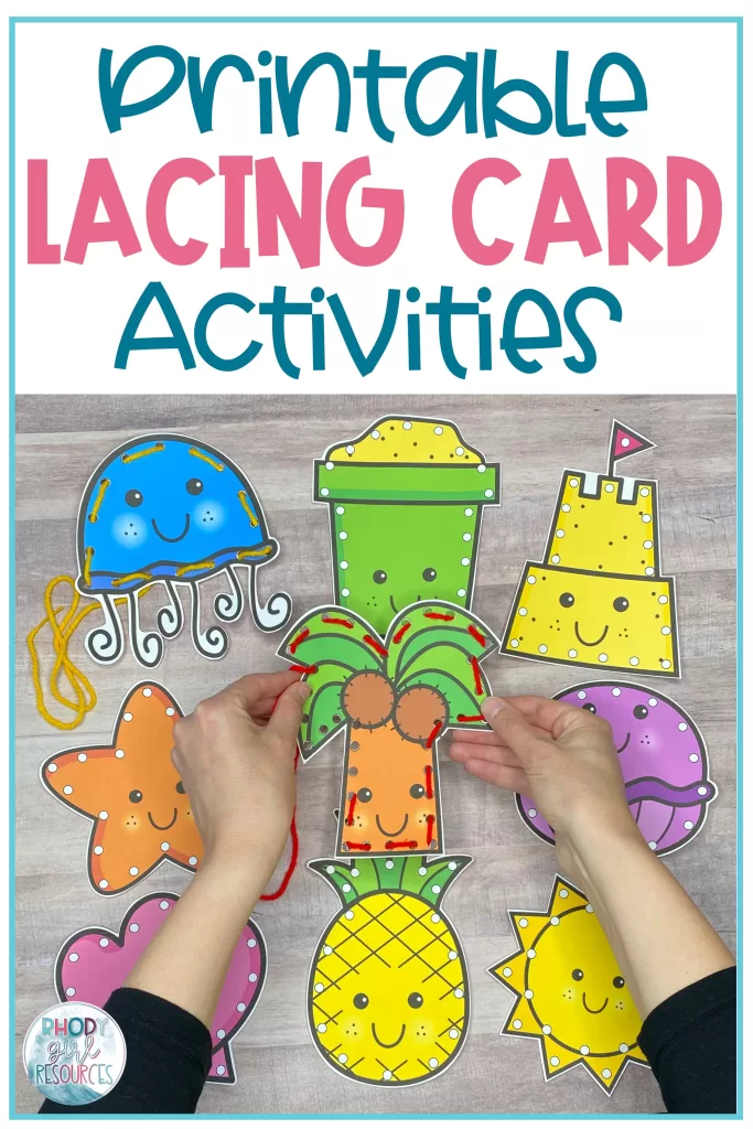 Hands showing how to lace a card for printable fine motor activities