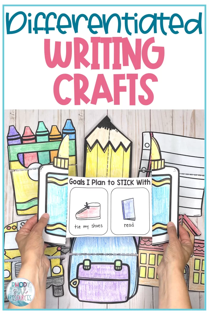 Hands holding back to school writing crafts.