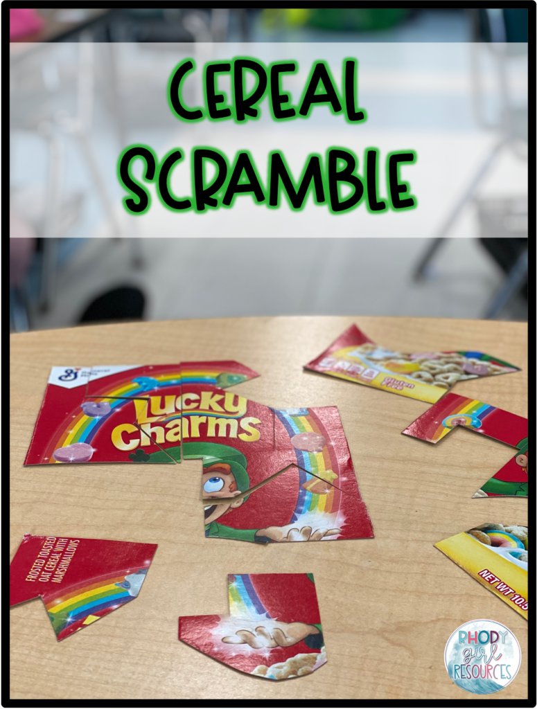 Cereal box pieces being put together  showing how to play Cereal Scramble as a St. Patrick's Day Minute to Win It game
