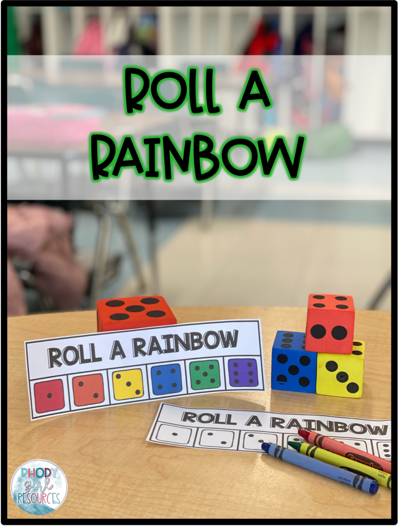 Dice, crayons, and printables showing how to play Roll a Rainbow as a St. Patrick's Day Minute to Win It game