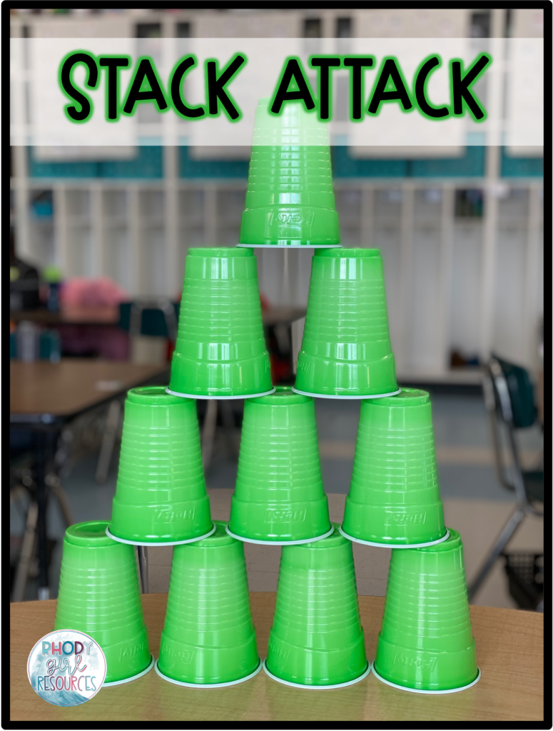 Green cups in a stack showing how to play Stacks Attack as a St. Patrick's Day Minute to Win It game