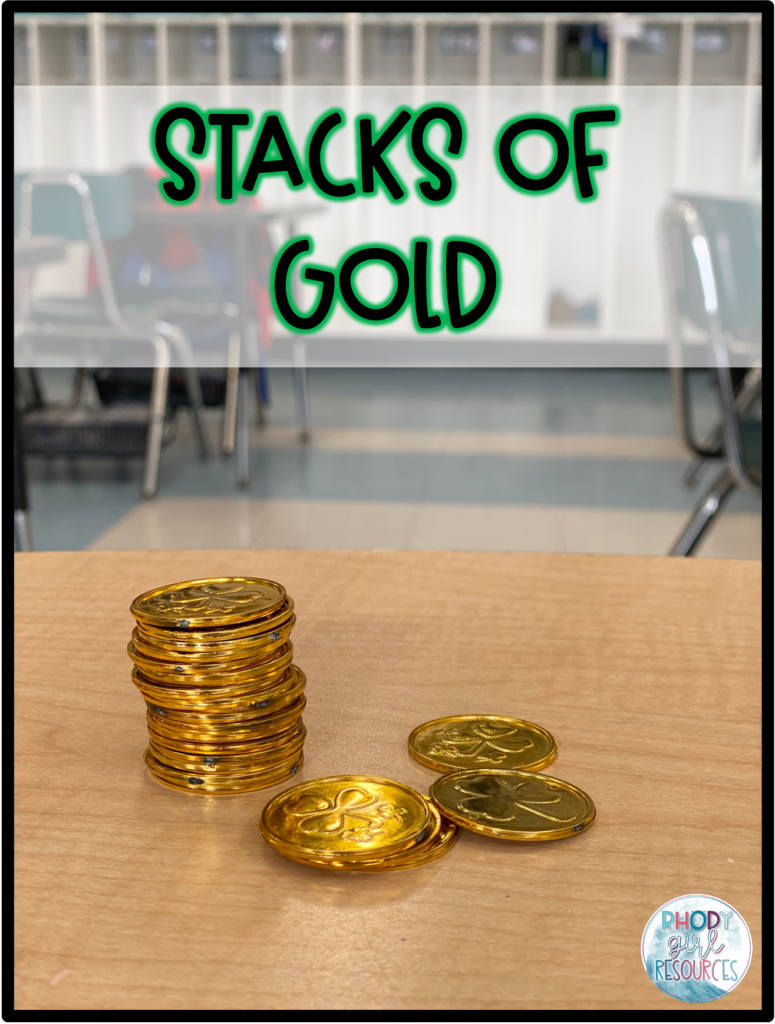 Gold coins in a stack showing how to play Stacks of Gold as a St. Patrick's Day Minute to Win It game