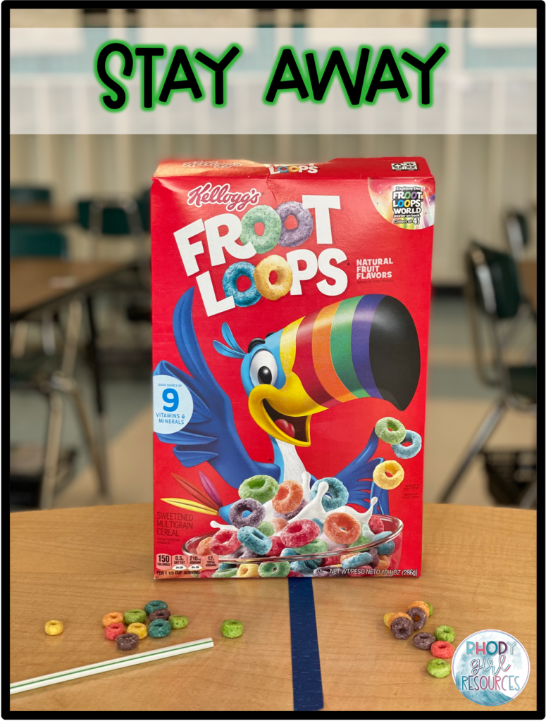 Fruit Loops on a table showing how to play Stay Away as a St. Patrick's Day Minute to Win It game