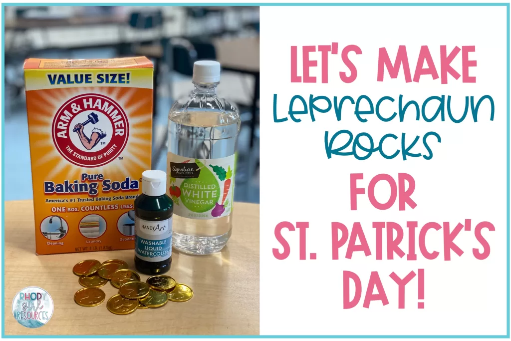 Baking soda, vinegar, green food coloring, and coins to make magic leprechaun rocks