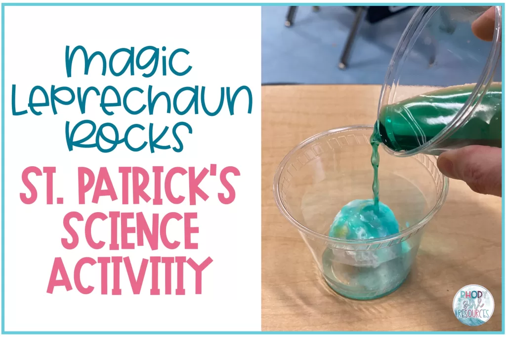 Green vinegar being poured over magic leprechaun rock for St. Patrick's Day science