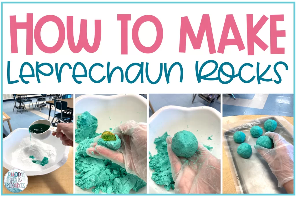 Mixing baking soda with green water, rolling the mixture into a ball with a gold con in the middle, and placing the rocks onto a cookie sheet to dry   to make magic leprechaun rocks