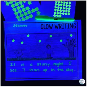 An example of writing using a highlighter and glow in the dark stickers.