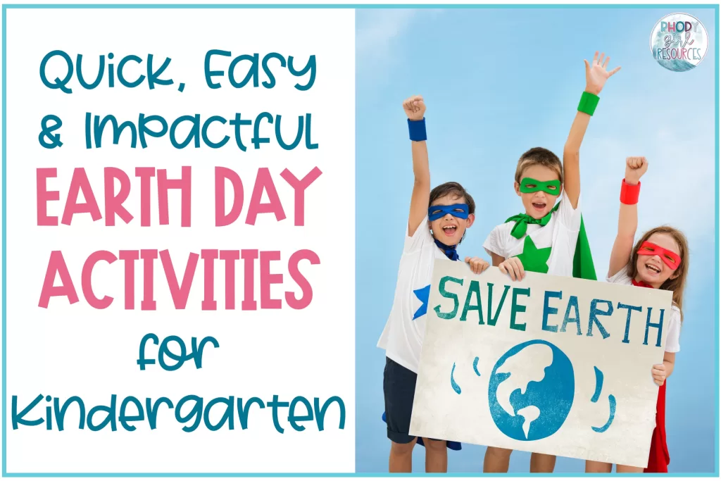 Three kids dressed as superheroes holding a "Save Earth" sign to promote Earth day activities for kindergarten.