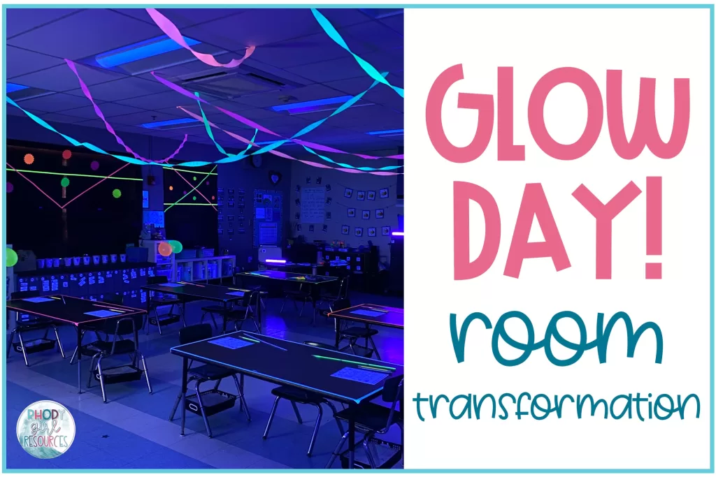 Classroom decorated and ready for glow day activities.