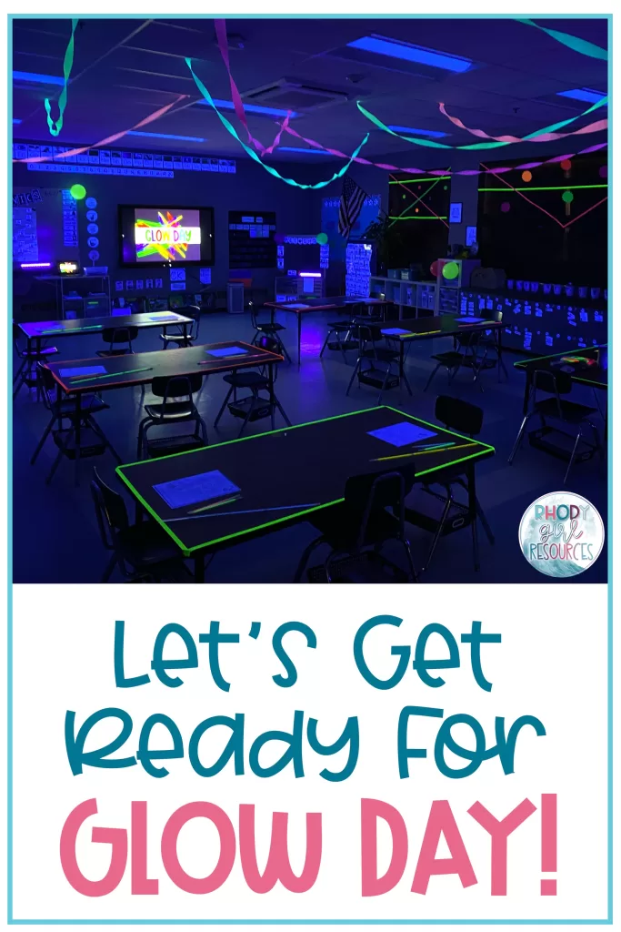 Classroom set up and glowing for Glow Day activities. 