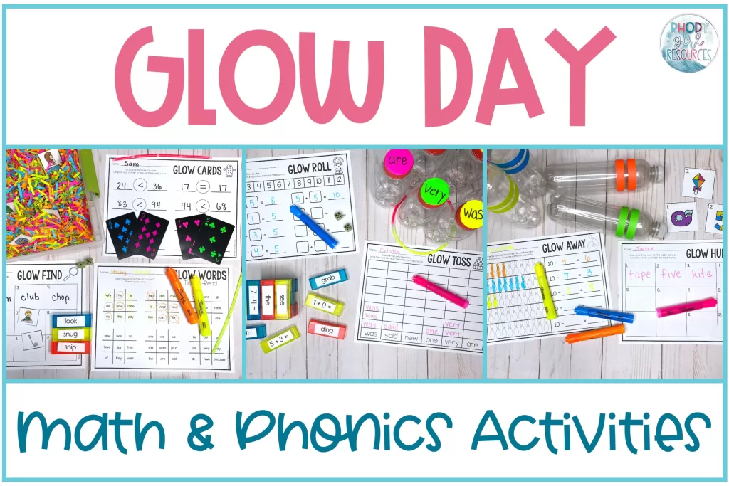 Examples of math and phonics Glow day activities.