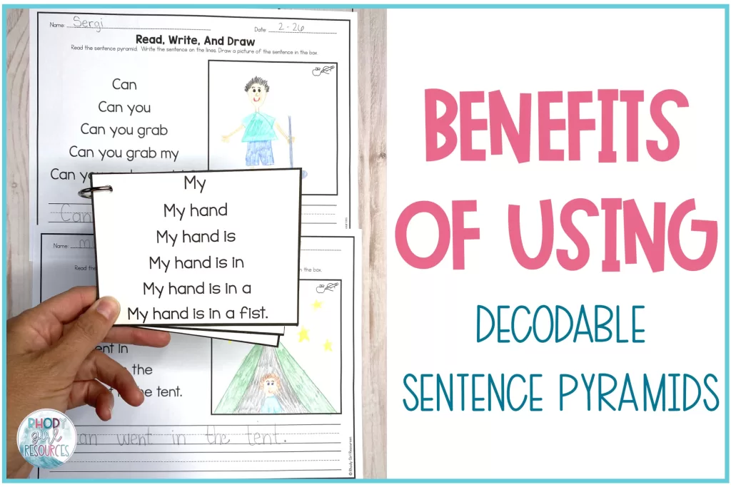 hand holding an example of a decodable sentence pyramid