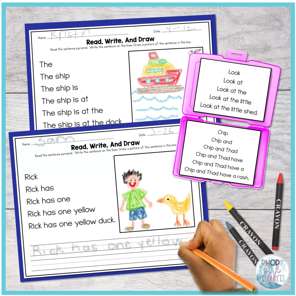 decodable sentence pyramid tasks cards in a task cards box and completed decodable sentence pyramid read, write, and draw worksheet examples