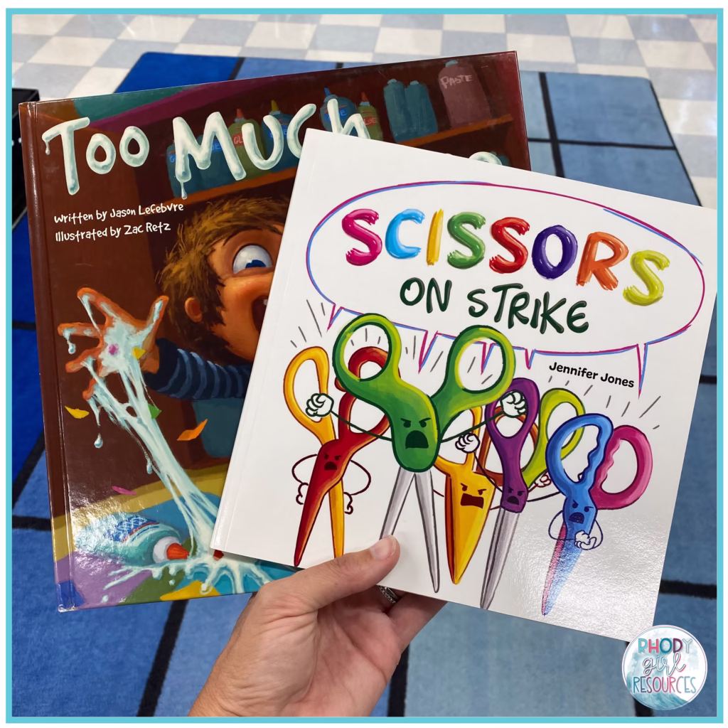 The books Too Much Glue and Scissors on Strike that help teach how to use school supplies