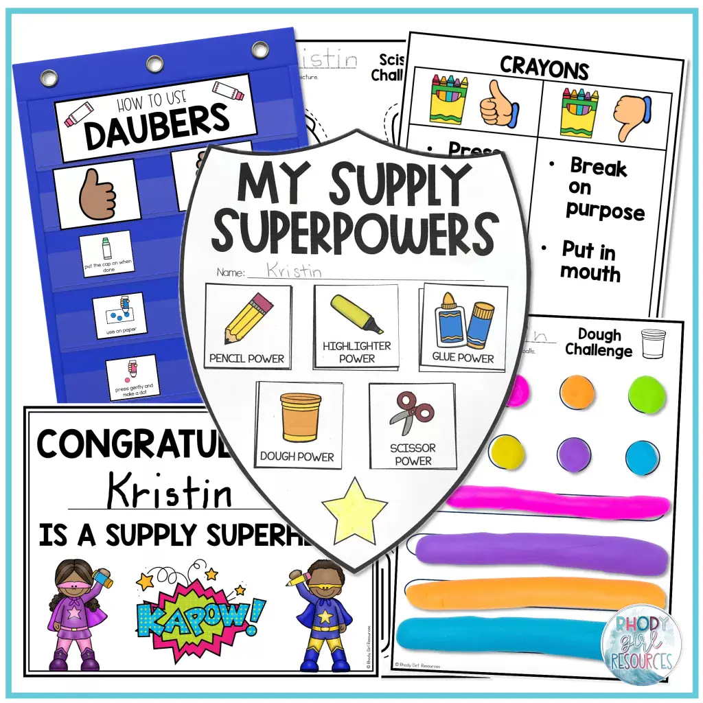 Activities included (pocket chart sort, worksheets, certificates, supply shield) in the How to Use School Supplies resource.