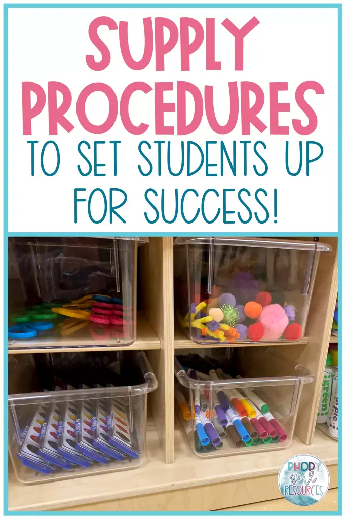 Clear bins on a shelf filled with different school supplies
